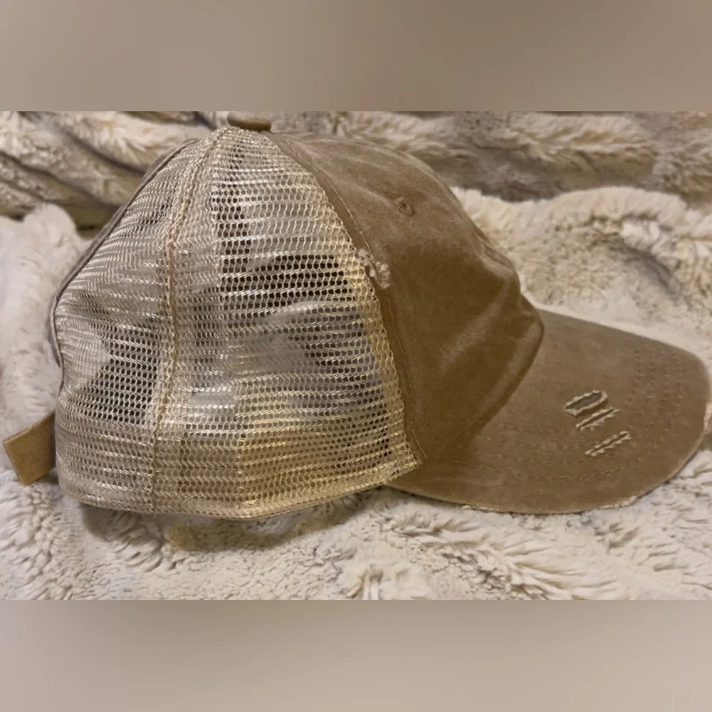 Women’s Distressed Tan Baseball Cap | Hats | Ponytail Hole Hat - Picture 4 of 11